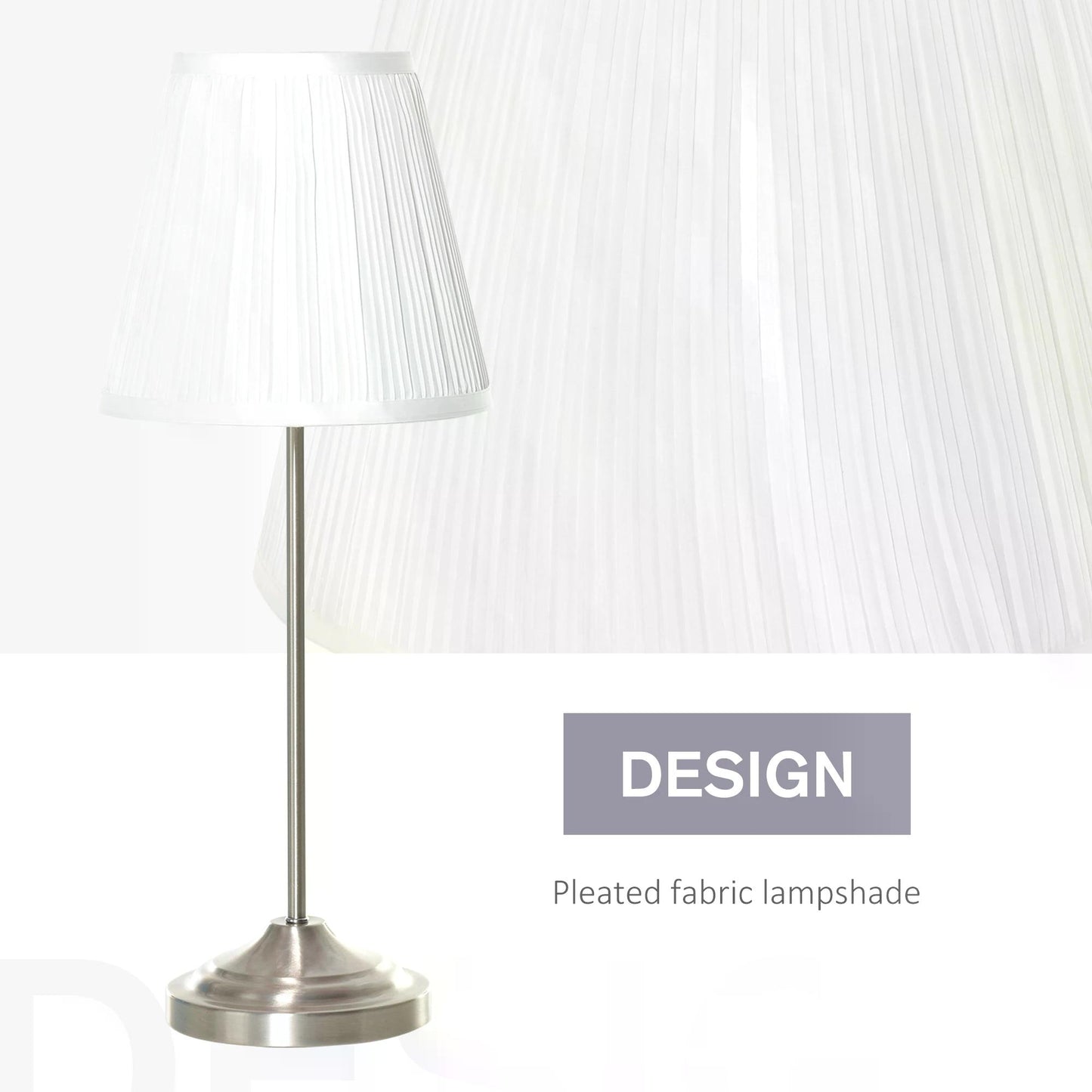 Bed Side Lamp,  Modern Table Lamp, Bedside Lamp with Pleated Fabric Lampshade and Metal Base, Home Lighting White and Silver