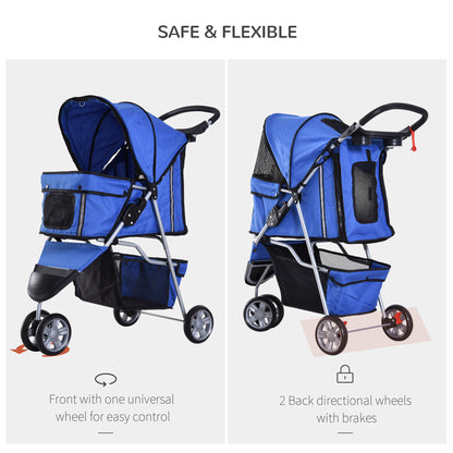 Cat Stroller Pram  Pushchair, Foldable, W/Three Wheels-Blue