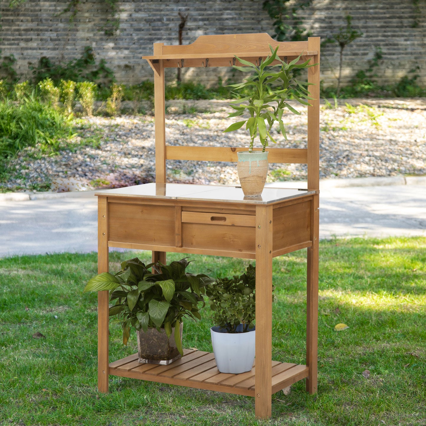 Outsunny Wooden Spacious Garden Potting Table with Large Storage Space Galvanized Metal Workstation Sink Shelves