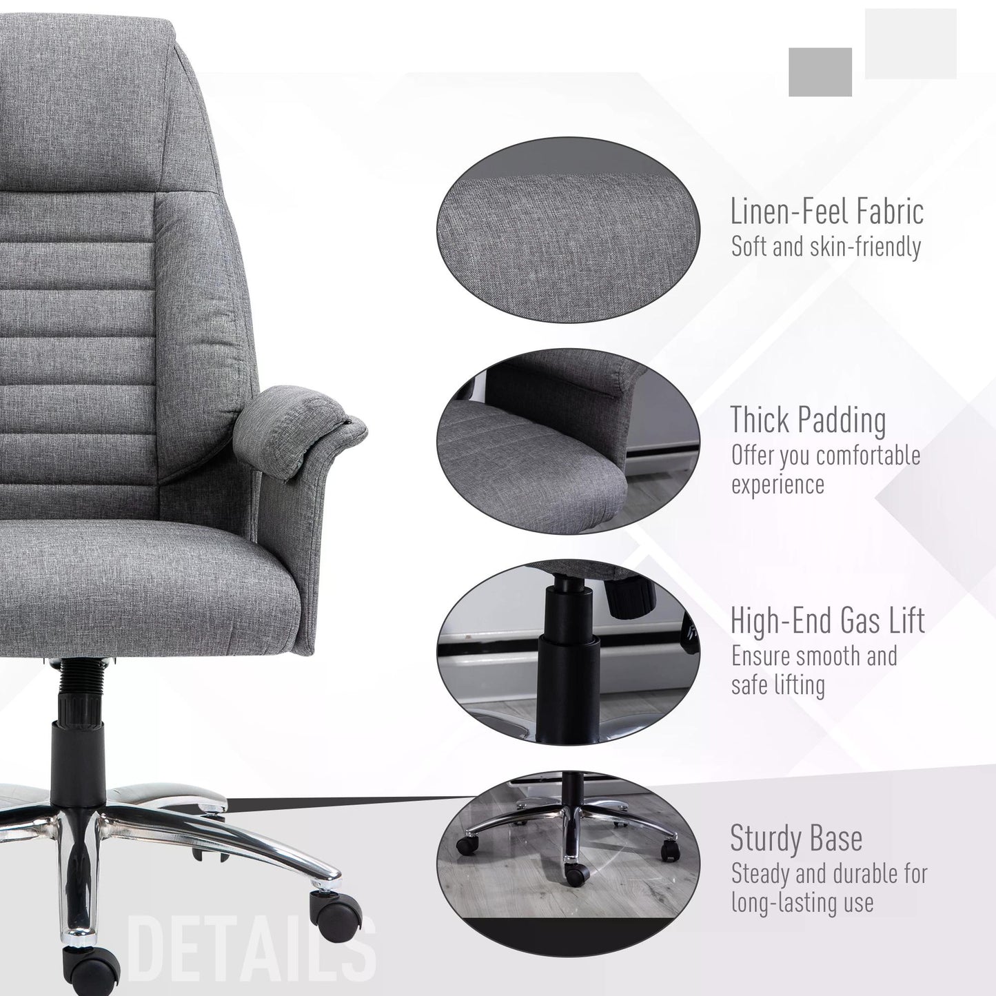 Homcom High Back Office Chair, Grey Desk Chair, Linen-Feel Fabric, Hight Adjustable, Rocking, Double-Tier Armrest