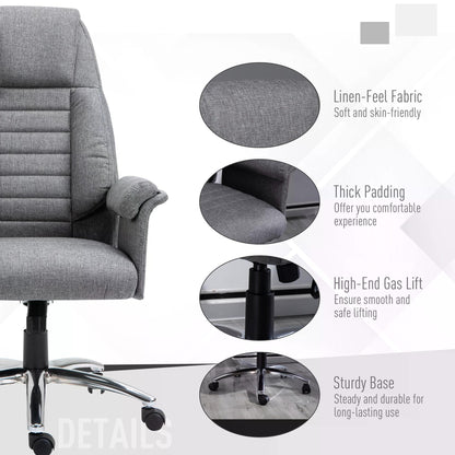 Homcom High Back Office Chair, Grey Desk Chair, Linen-Feel Fabric, Hight Adjustable, Rocking, Double-Tier Armrest