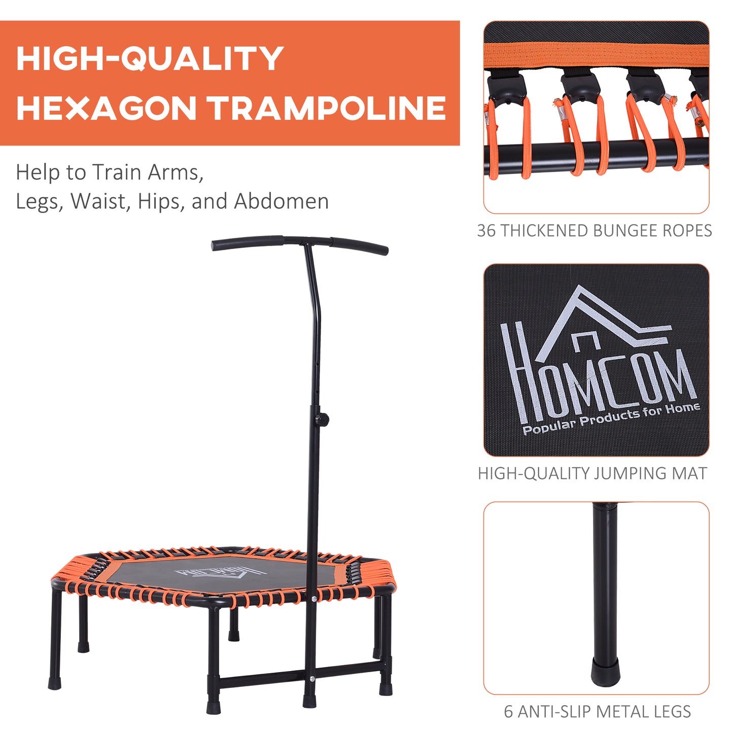 Mini Trampoline for Adults W/Adjustable Handle Bar, 4ft -Black/Orange