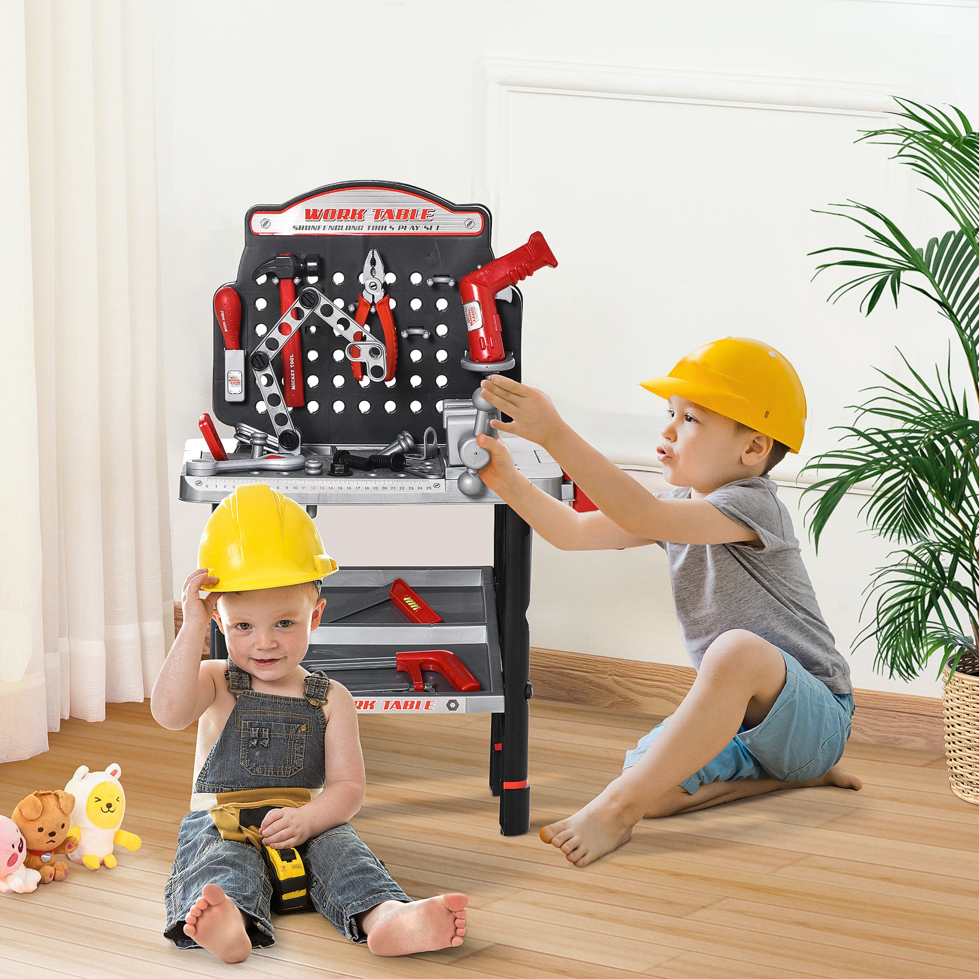 HOMCOM Tool Bench, Toy Workbench, Toddler Tools Workshop w/ Shelf Storage Box, Electric Drill 3-6 Years Old 