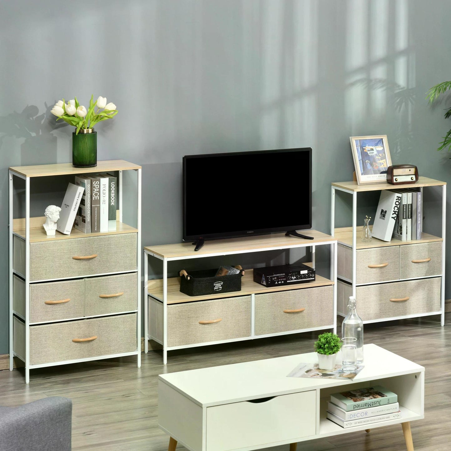 TV Cabinet, TV Console Unit with 2 Foldable Linen Drawers, TV Stand with Shelving for Living Room, Entertainment Room