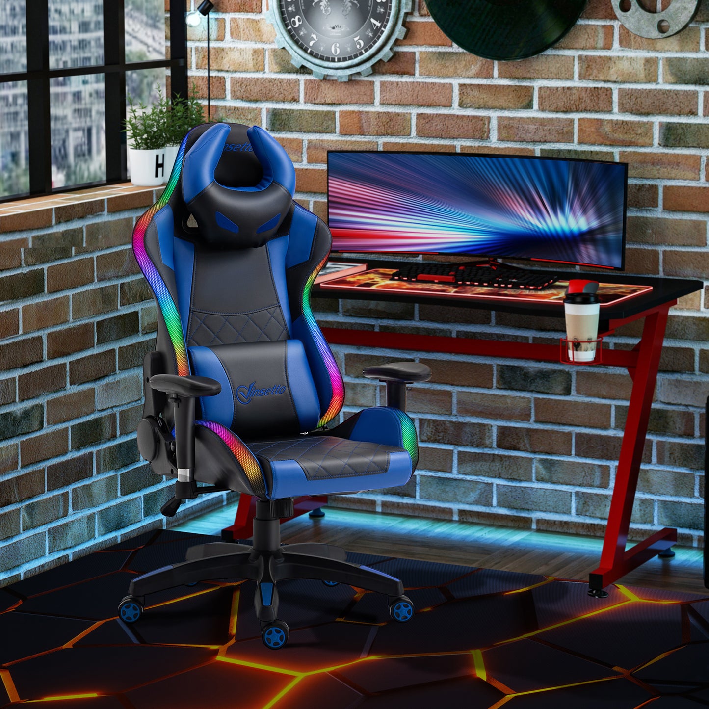 Vinsetto Ergonomic Gaming Chair with RGB LED Light, Lumbar Support, Gamer Recliner, Blue  