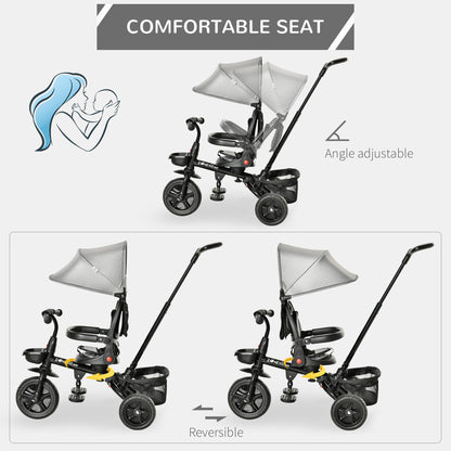 Childrens Push Chairs, 4 in 1 Foldable Pedal w/ Reversible Angle Adjustable Seat Removable Handle Canopy Handrail Grey