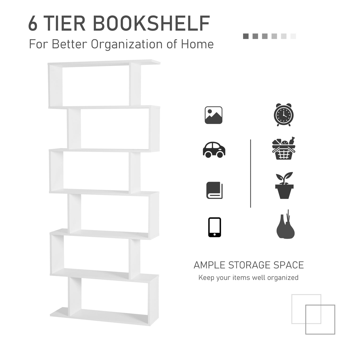 6 Tier Wooden Bookshelf Modern S-Shaped Shelf Unit Storage Display White