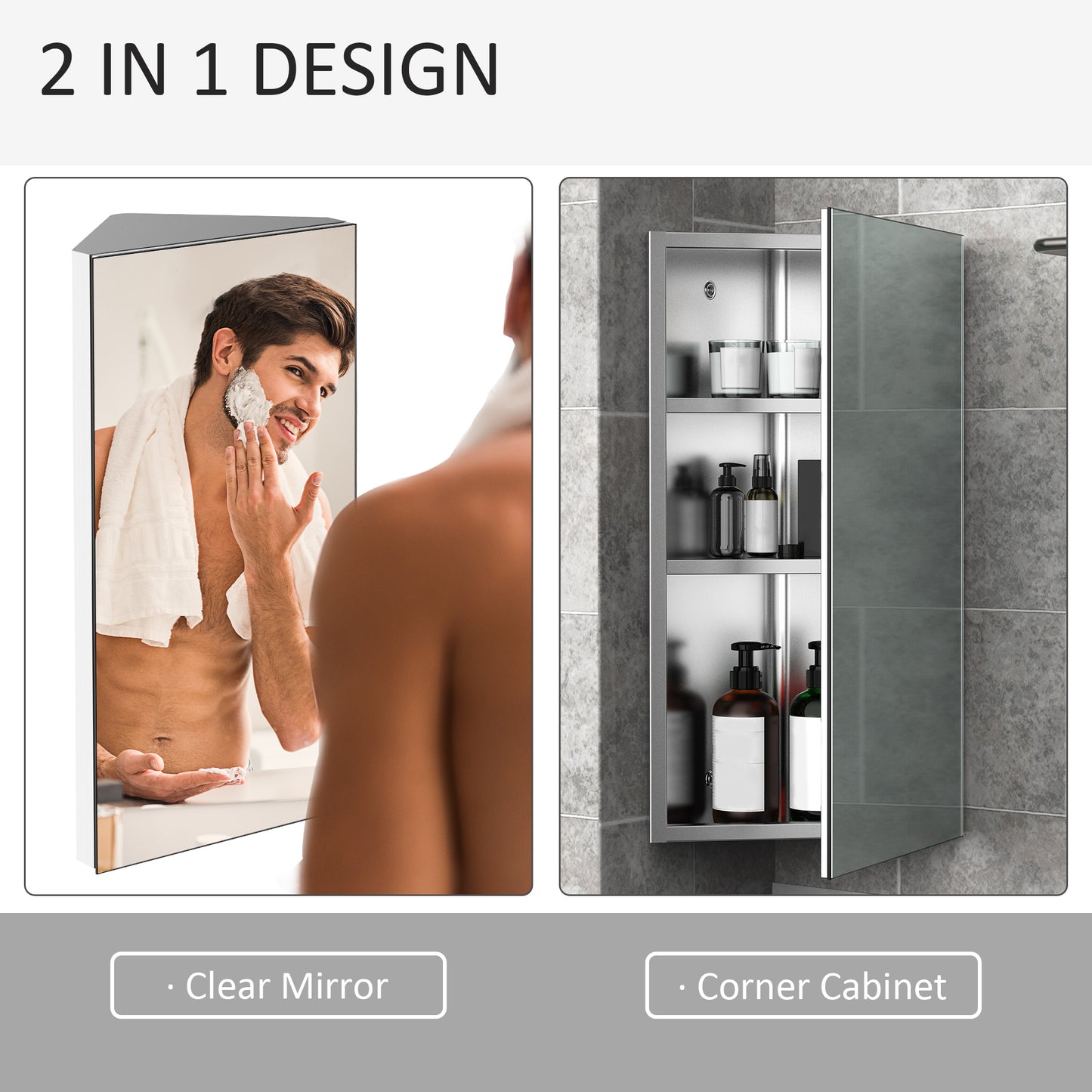 Stainless Steel Bathroom Corner Mirror Cabinet, 1 Door