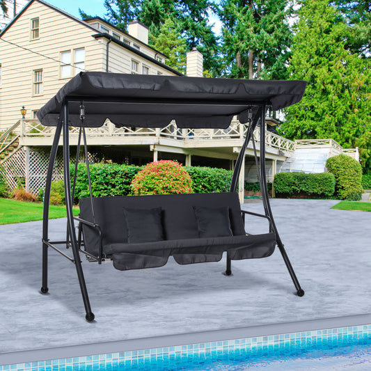 Outsunny Outdoor 2-in-1 Patio Swing Chair Lounger 3 Seater Garden Bench Hammock Bed Convertible Tilt Canopy W/ Cushion, Dark Grey 