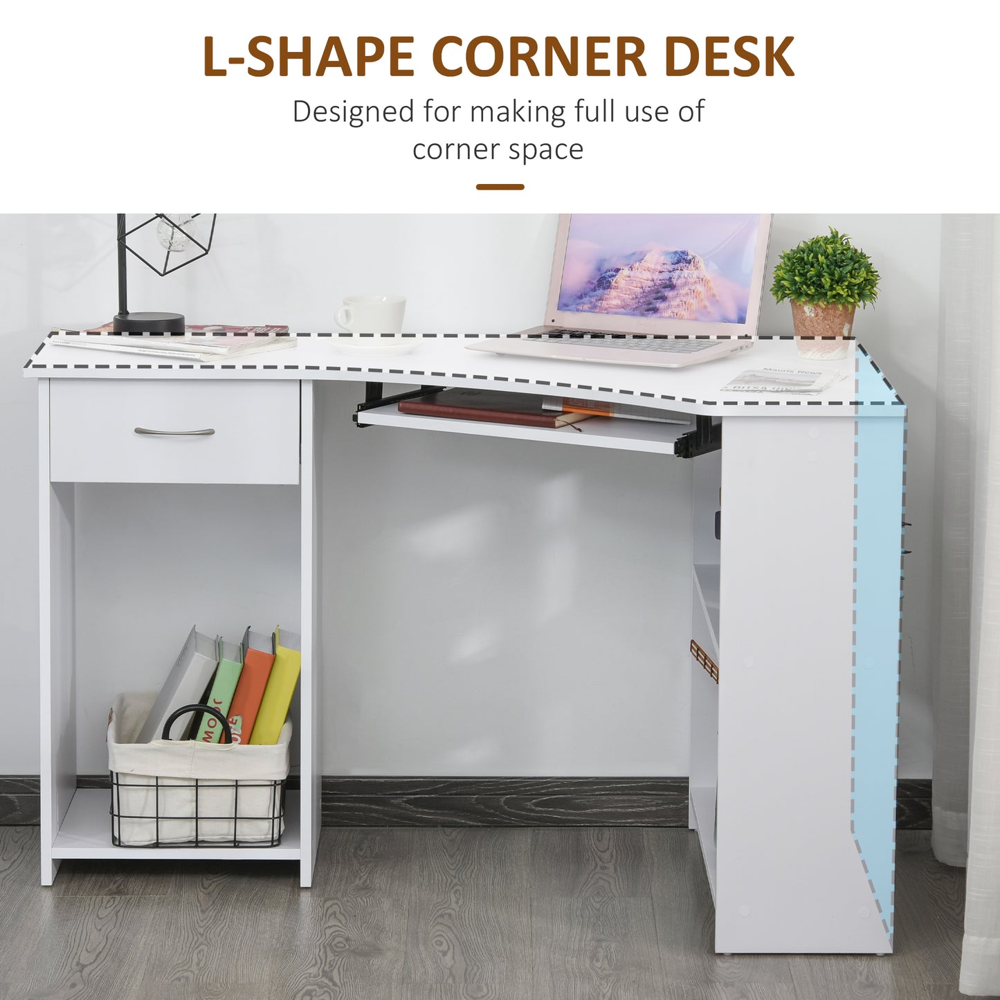 L-Shaped Corner Computer Desk & 2-Tier Side Shelves Wide Table Top with Keyboard Tray, Drawer & CPU Stand    Aosom IE