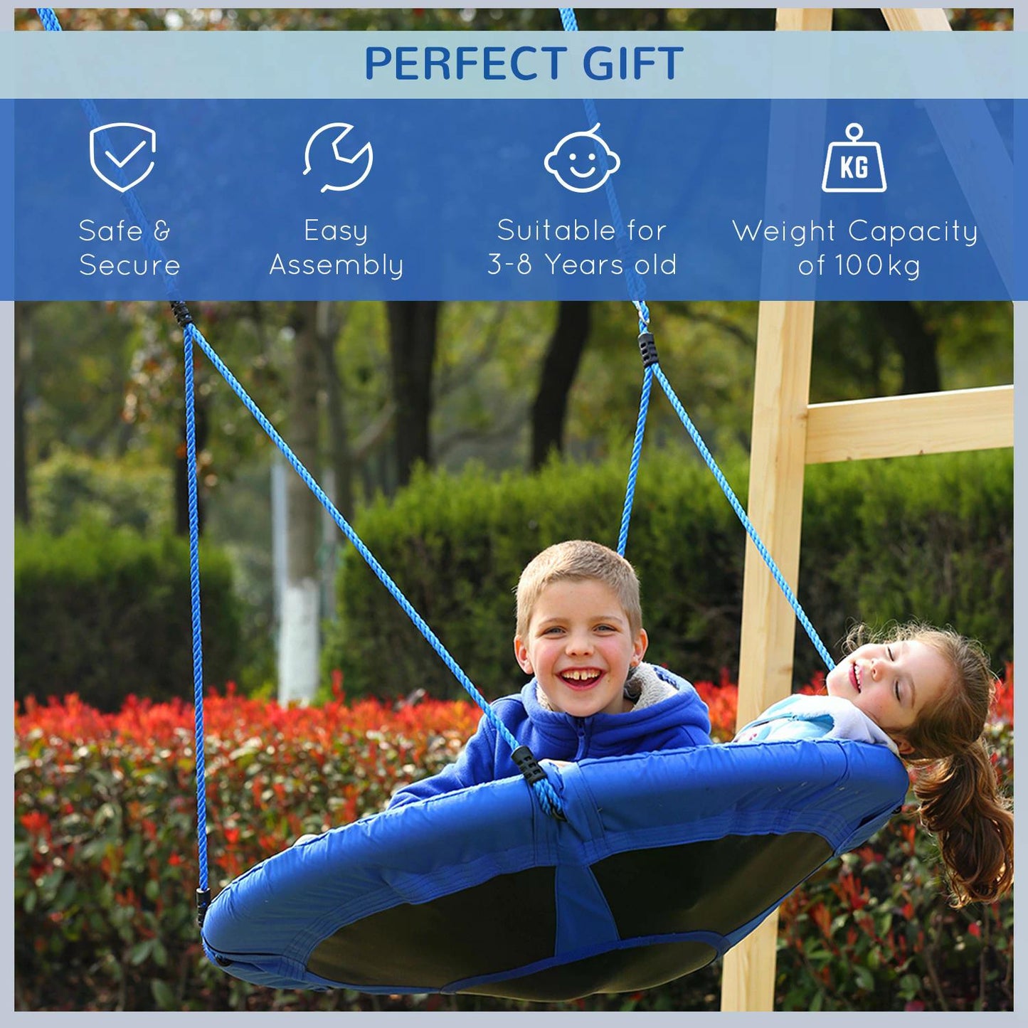 Flying Saucer, Tree Swing, Saucer Swing, Steel Frame, for 3-8 years old, Max Load 100KG, 100cm Diameter, Blue