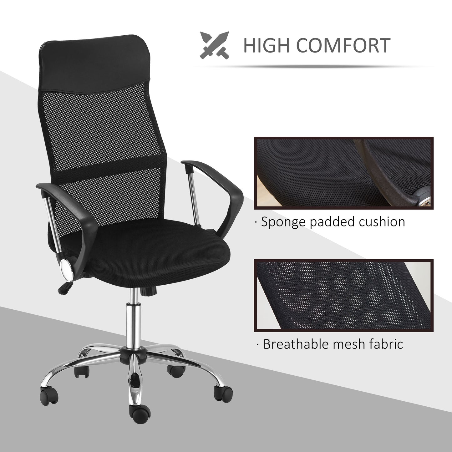 Homcom Swivel Office Chair High Back Mesh Chair Seat Office Desk Chairs Height Adjustable Armchair Black New