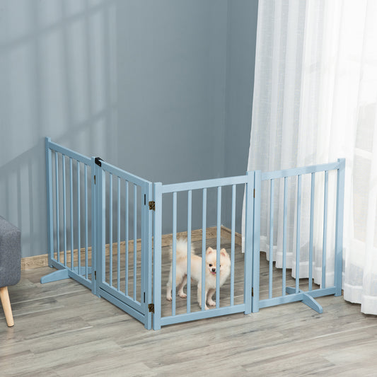 PawHut Pet Gate for Small and Medium Dogs, Freestanding Wooden Foldable Dog Safety Barrier with 4 Panels, 2 Support Feet for Doorways, Stairs, Blue