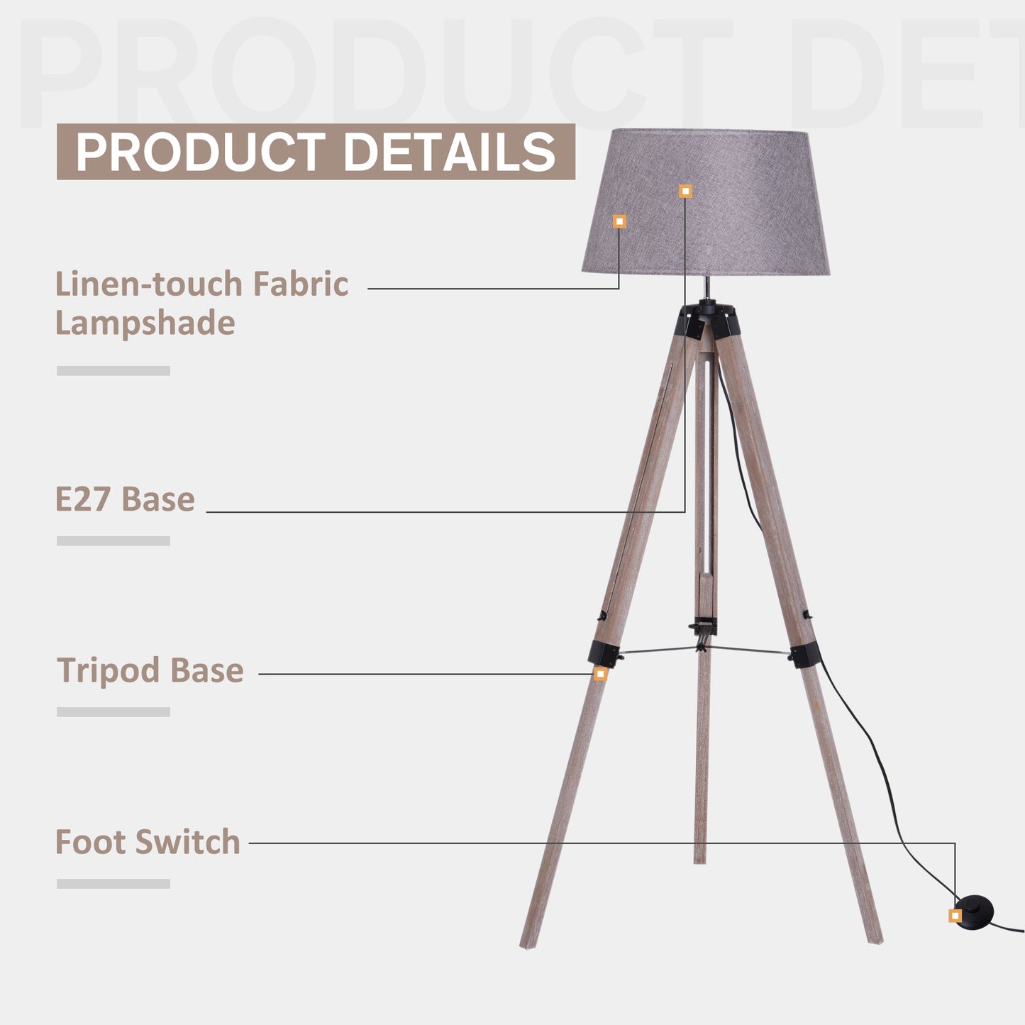 Mid Century Floor Lamp, Tripod, Linen Lampshade Adjustable Height Foot Switch Lightweight E27 Bedside Grey