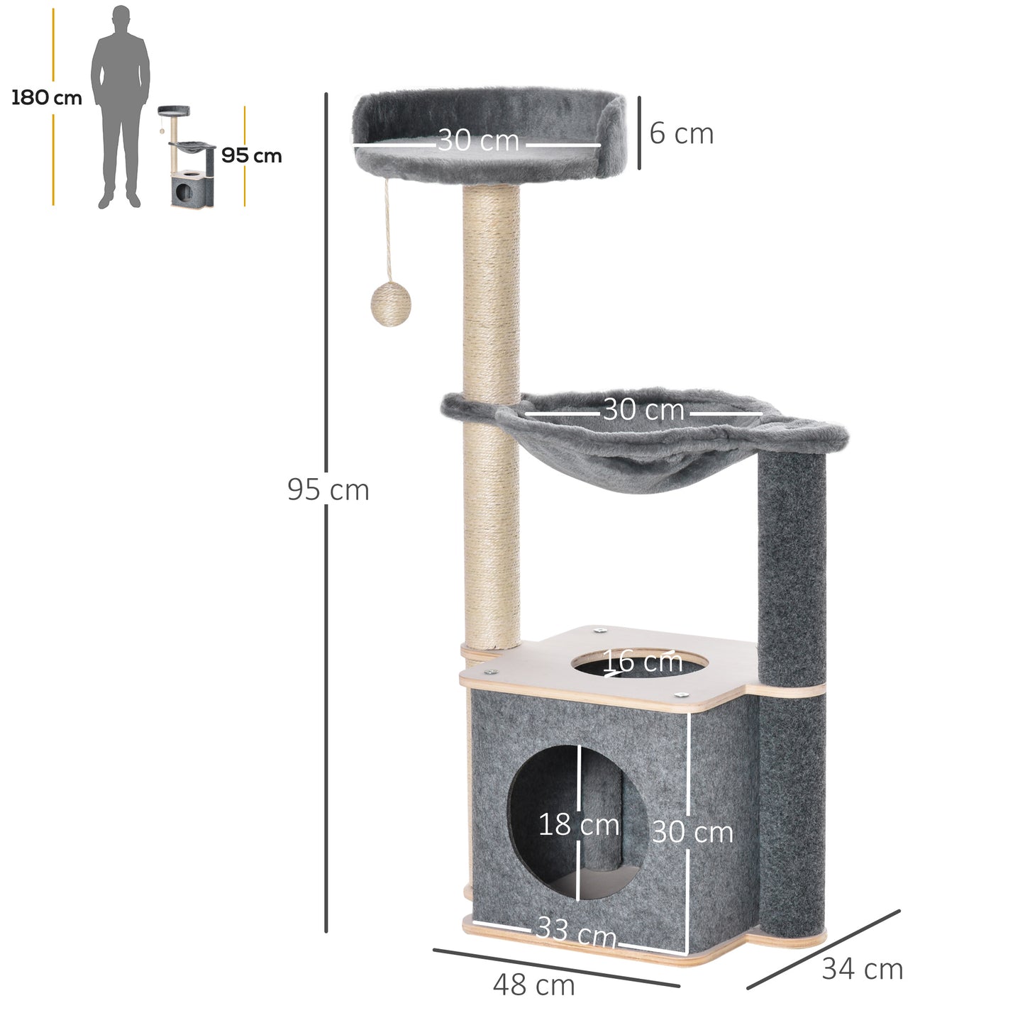 95cm Cat Tree Cat Tower Scratching Post Climbing Tree for Kitty w/Removable Felt Activity Center Grey