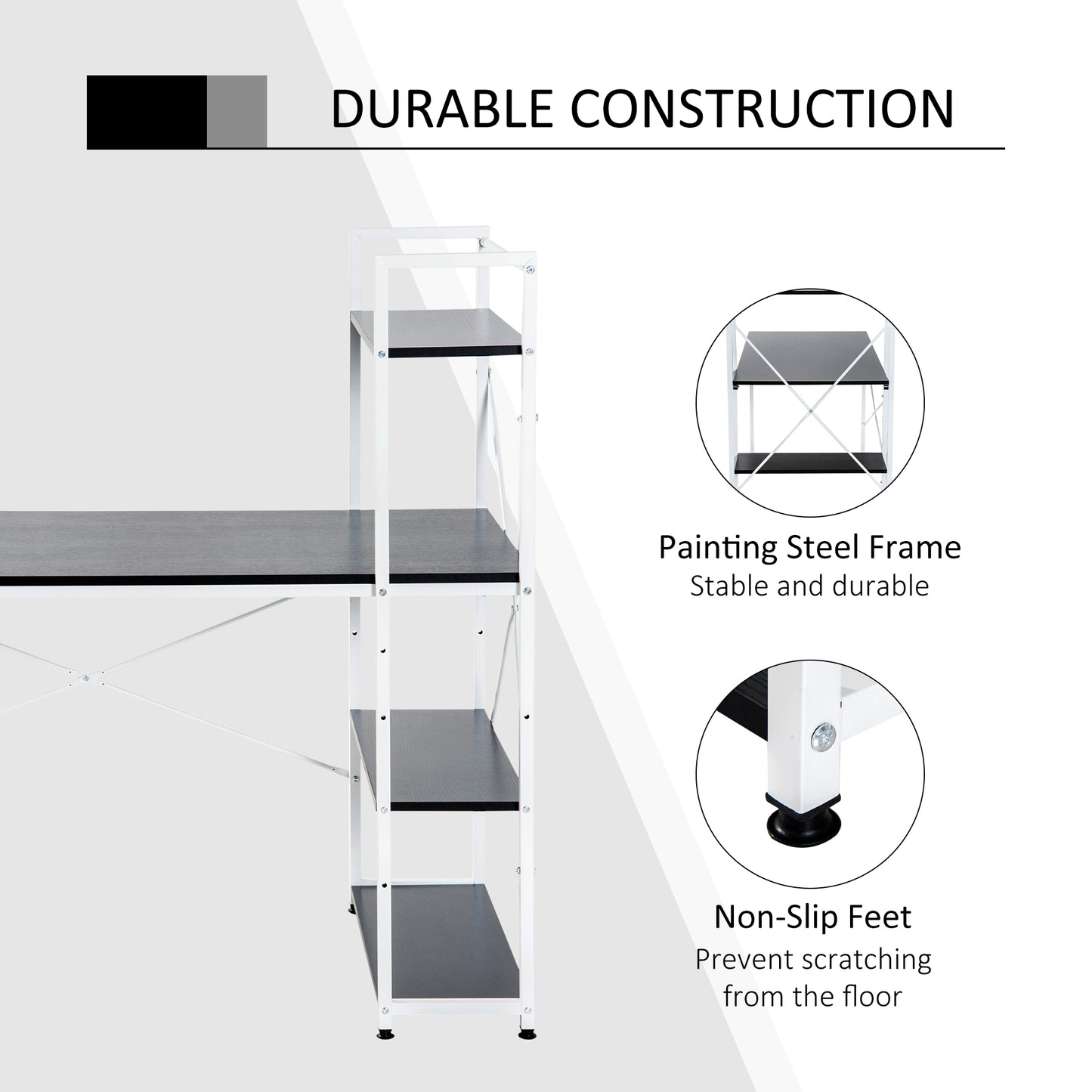 Corner Desk with Storage, Bookshelf, Metal Frame-White/ Black Colour