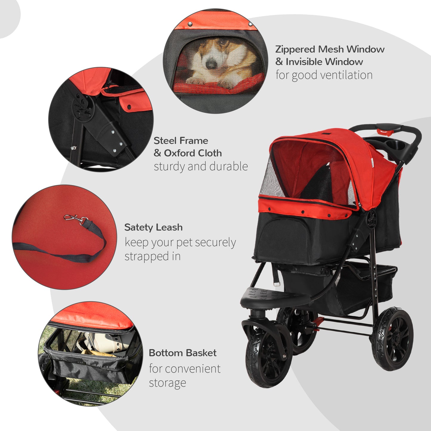 Folding Pet Stroller 3 Wheel Dog Jogger Travel Carrier Adjustable Canopy Storage Brake Mesh Window for Small Medium Dog Cat Red