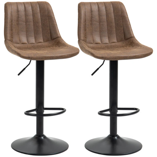 Brown Leather Bar Stools, Armless, Upholstered, Large Round Base, 360° Swivel with Footrest for Home Pub