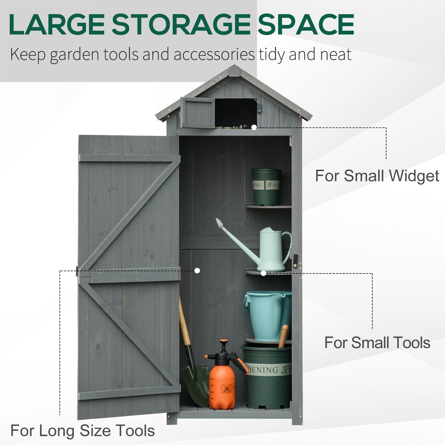 Wooden Garden Shed, Garden Tool Storage, Vertical Utility, 3 Shelves, Lockable, Asphalt Roof, Outdoor, 77 x 54.2 x 179cm Grey