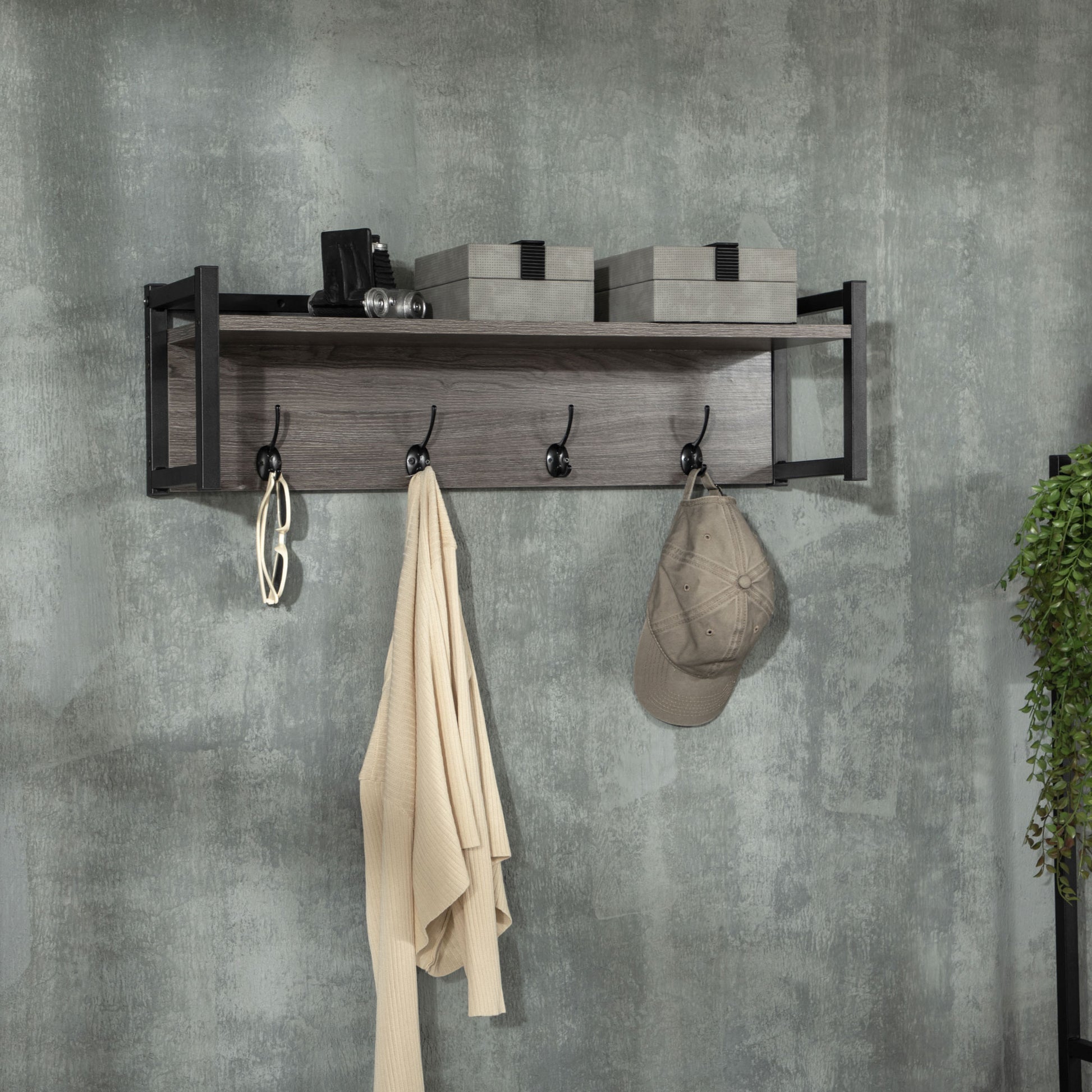 HOMCOM Wall Coat Rack with Shelf, with 4 Coat Hooks and Open Storage Shelf, Versatile Floating Hanging Grey 