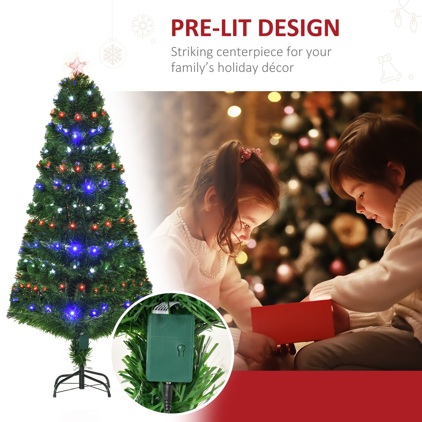 5ft Prelit Christmas Tree, Artificial w/ Metal Base and LED lights