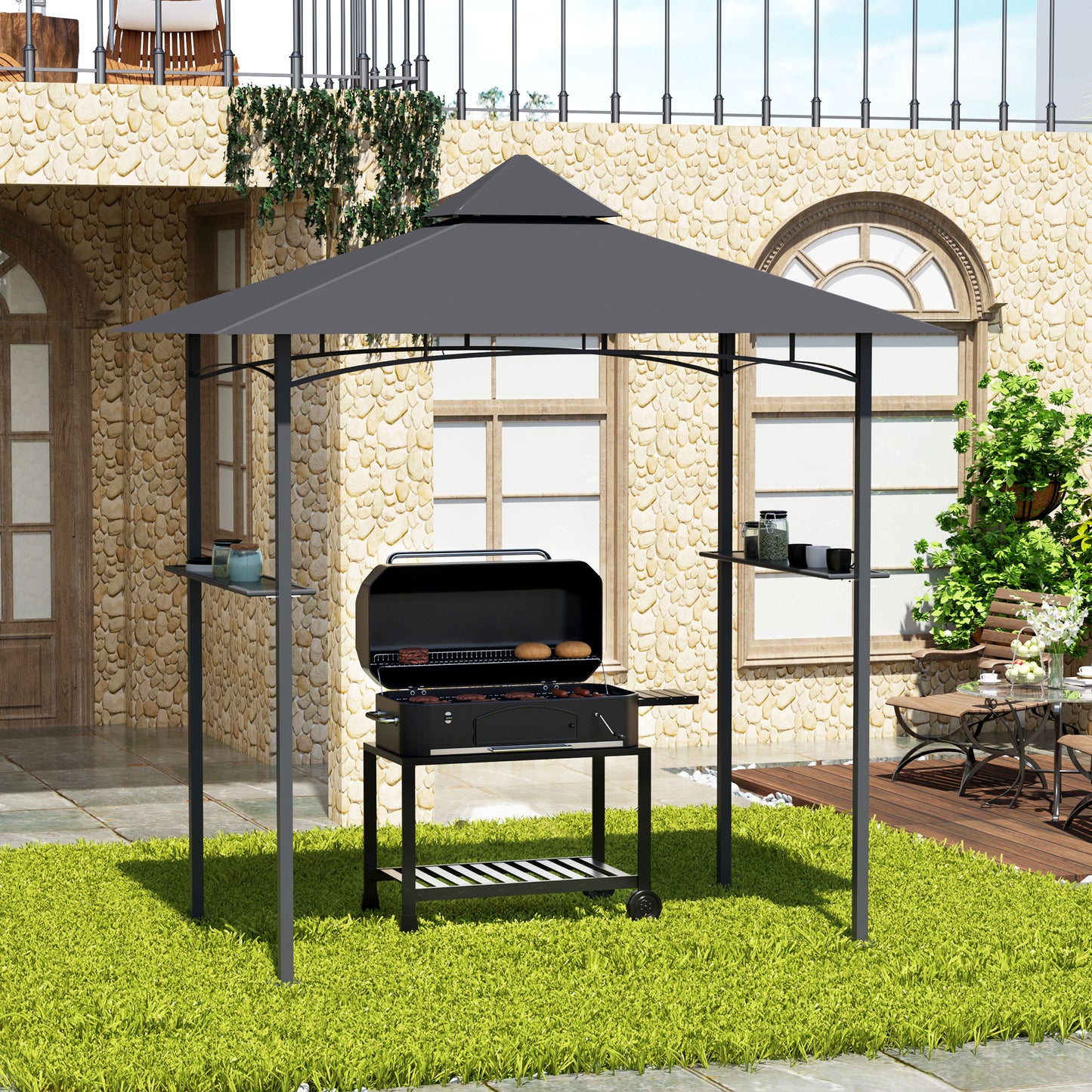 Outsunny 2.5M (8ft) New Double-Tier BBQ Gazebo Grill Canopy Barbecue Tent Shelter Patio Deck Cover - Grey 