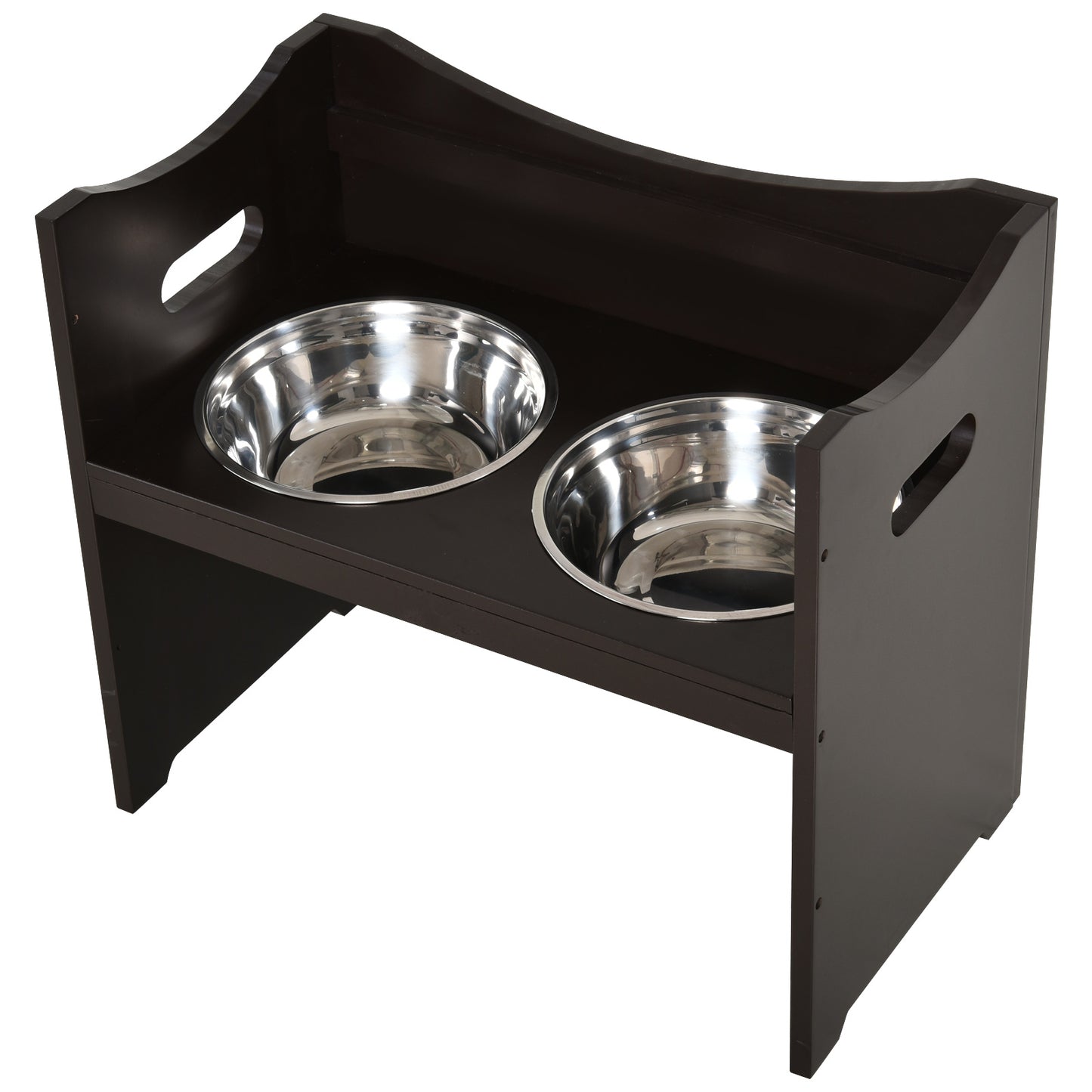 Elevated Duo Pet Feeder w/ 2 Stainless Steel Bowls MDF Frame Adjustable Shelf Handles Raised Dog Cat Food Drink 47x54cm Brown