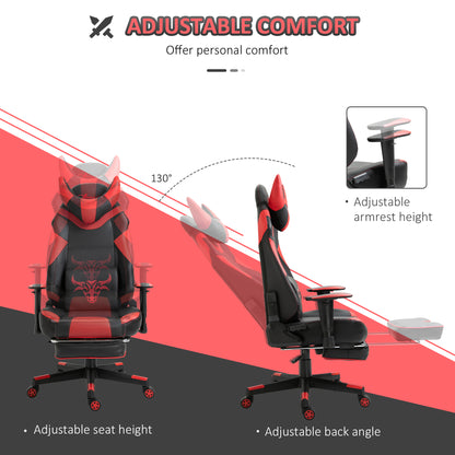 Reclining Gaming Chair with Footrest, Ergonomics, PU Leather Bull Horn Headrest Red and Black