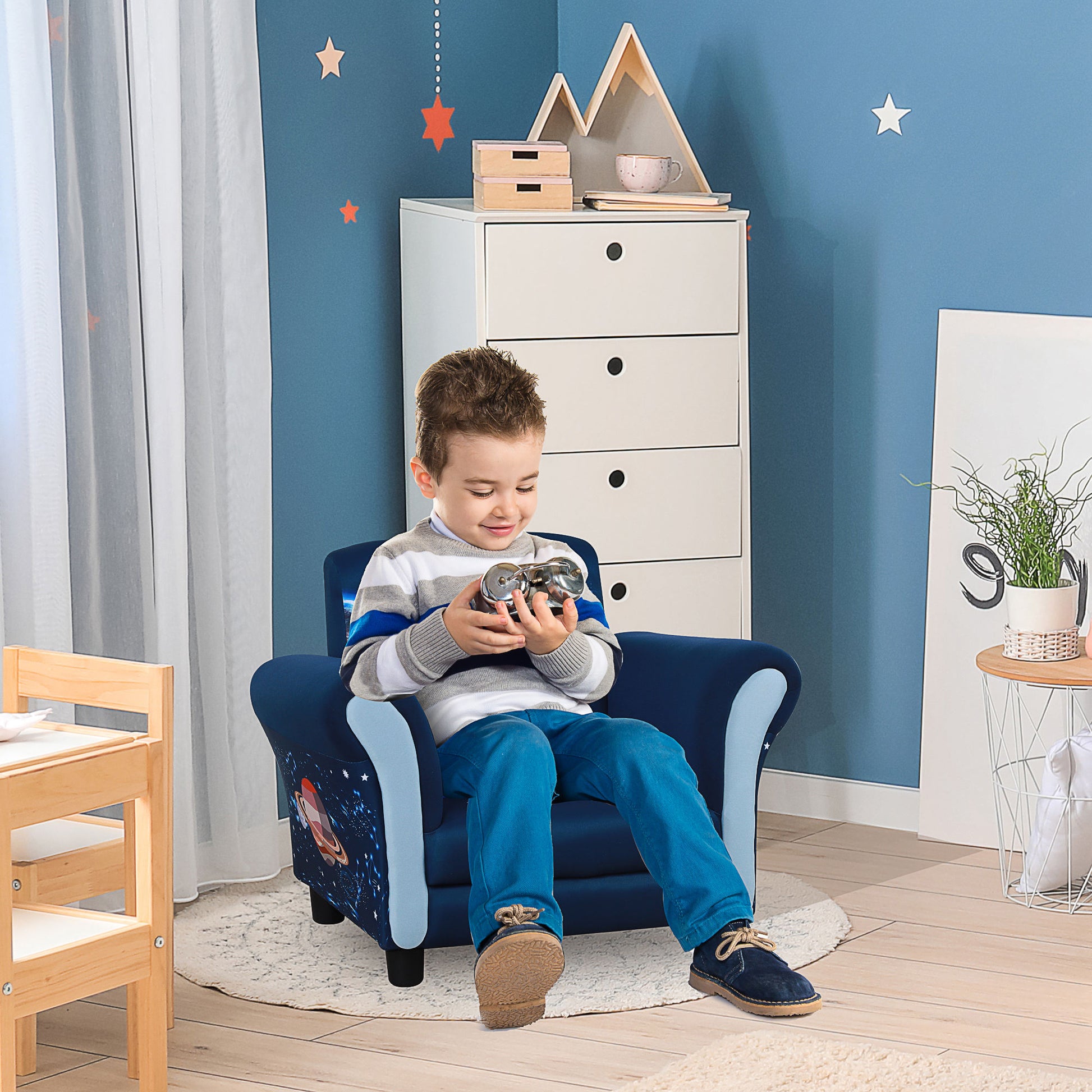 HOMCOM Kids Armchairs Children Sofa Outer-Space Armchair Kids Sofa Polyester Upholstered Space Rocket and Safe Anti Slip Feet