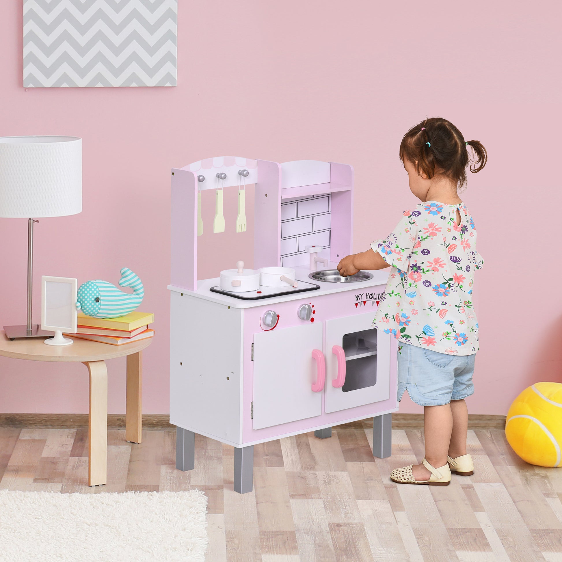 HOMCOM Pink Childrens Kitchen, Role Play Kitchen with Storage Space Kids Kitchen Playset for Children 3+ 