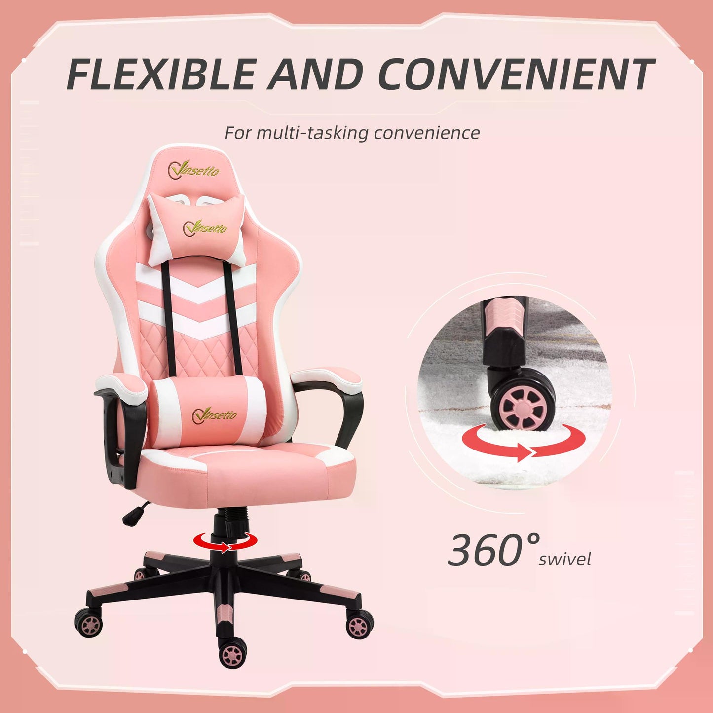 Pink Gaming Chair, Ergonomic with Lumbar Support, Headrest, Swivel Wheel, PVC Leather Gamer Desk Chair for Home Office,