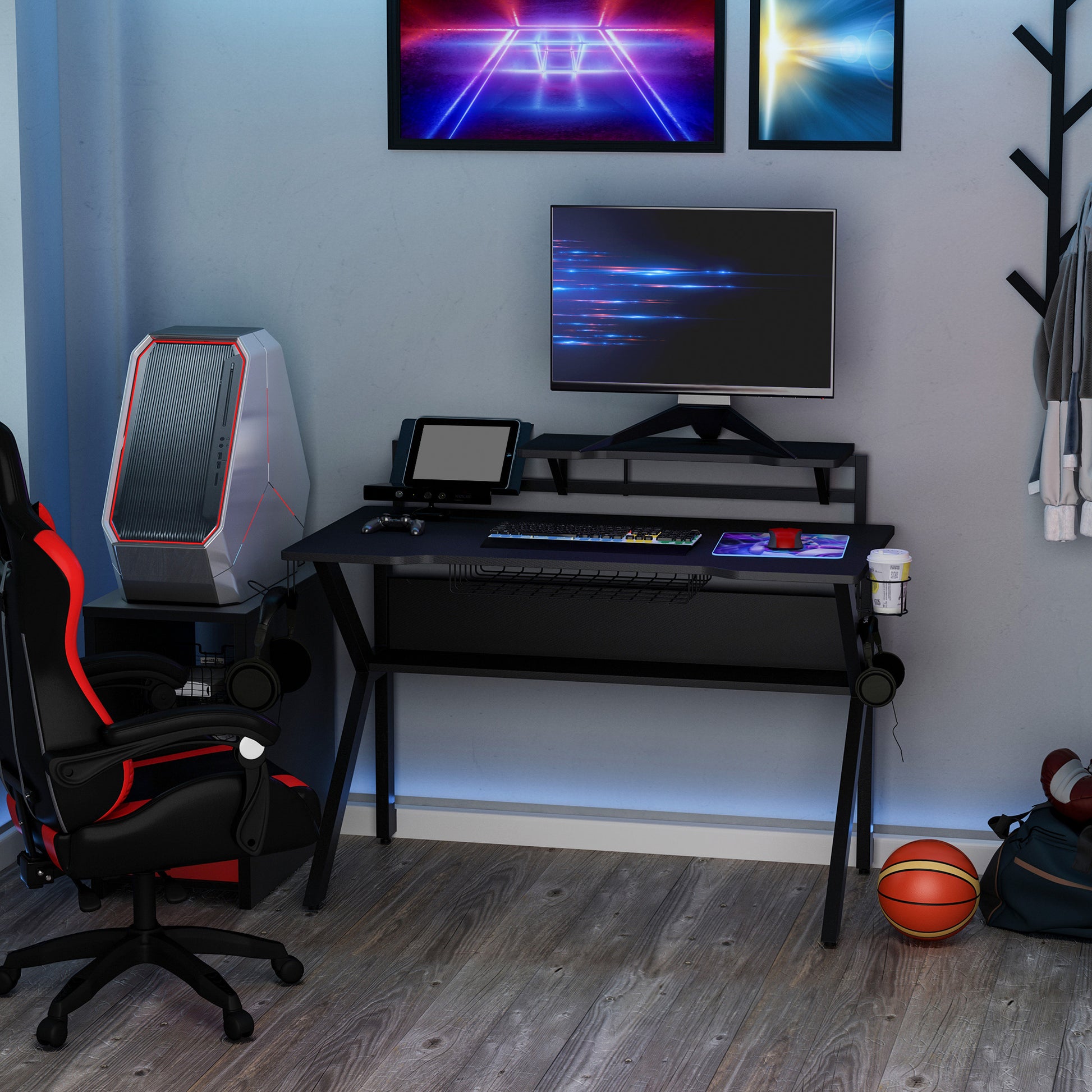 HOMCOM Black Gaming Desk, Metal Frame w/Cup Holder Headphone Hook & Cable Basket Black 