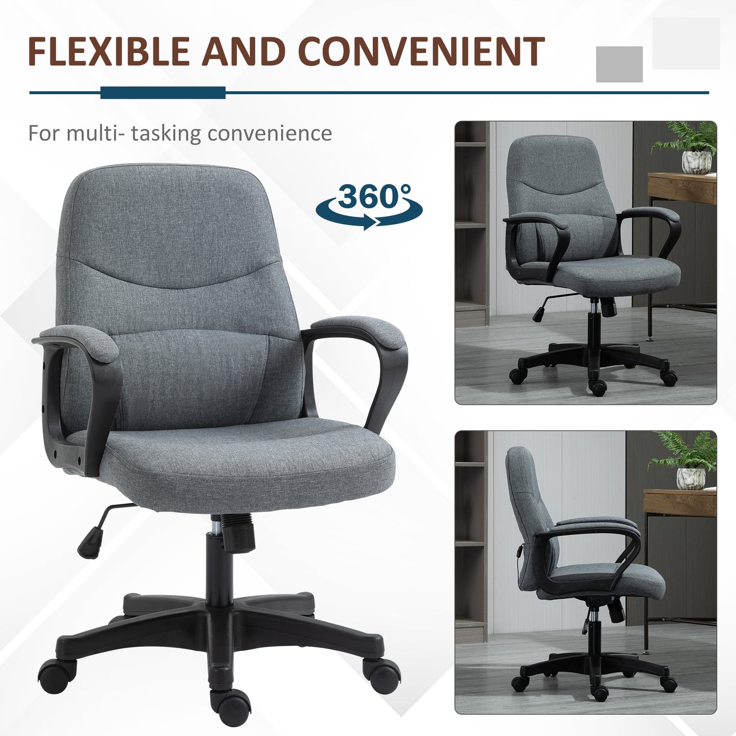 Grey Desk Chair, Two-point Vibration Massage, Linen, Rocking Function,  360° Swivel, Adjustable Height