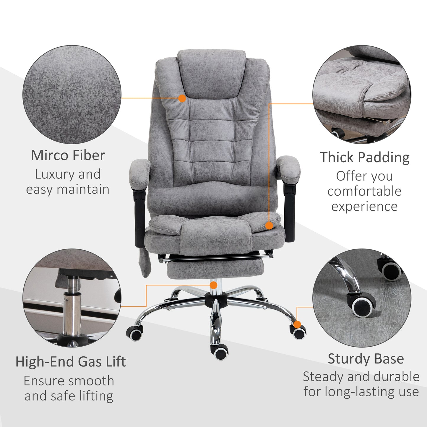 Massage Executive Office Chair Heated 6 Points Vibration Adjustable Swivel Ergonomic High Back Desk Chair Recliner Grey