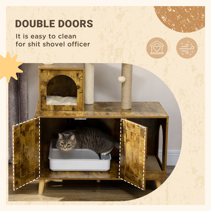 Cat Litter Box Enclosure, with Tree Tower, Cat House, Hammock, Cushion - Rustic Brown