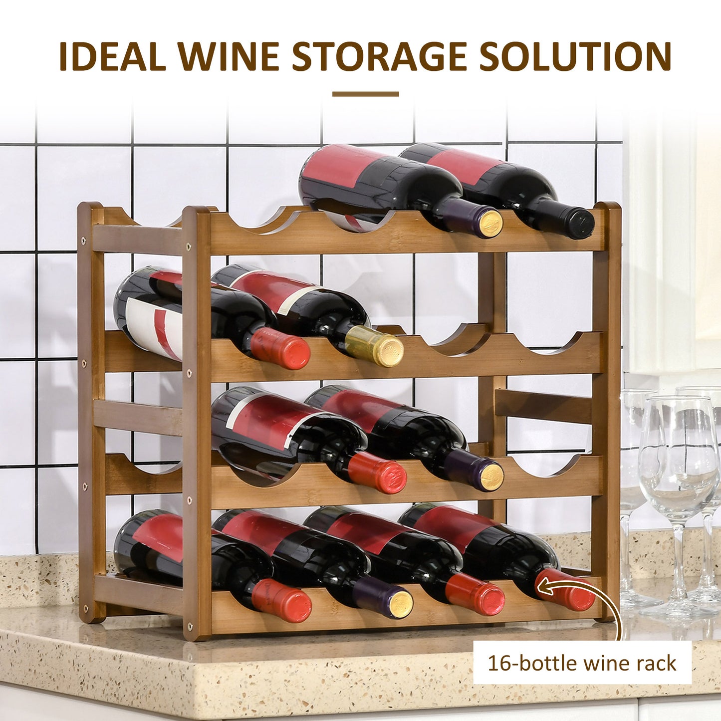 Free Standing Bamboo Wine Rack with 16 Bottles Holder, 4-tier Water Bottle Organizer, Display Shelf for Countertop Home Brown