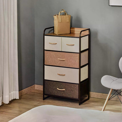 HOMCOM 5 Drawer Chest of Drawers Foldable Drawers with Steel Frame Wooden Top for Bedroom Hallway Closets  