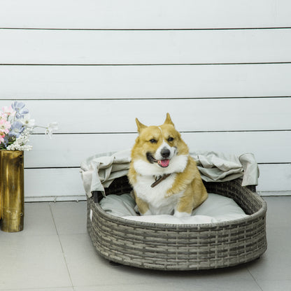 Rattan Dog Bed with Adjustable Canopy Outdoor Dog Basket with Washable Cushion for Small Medium Dogs, Grey