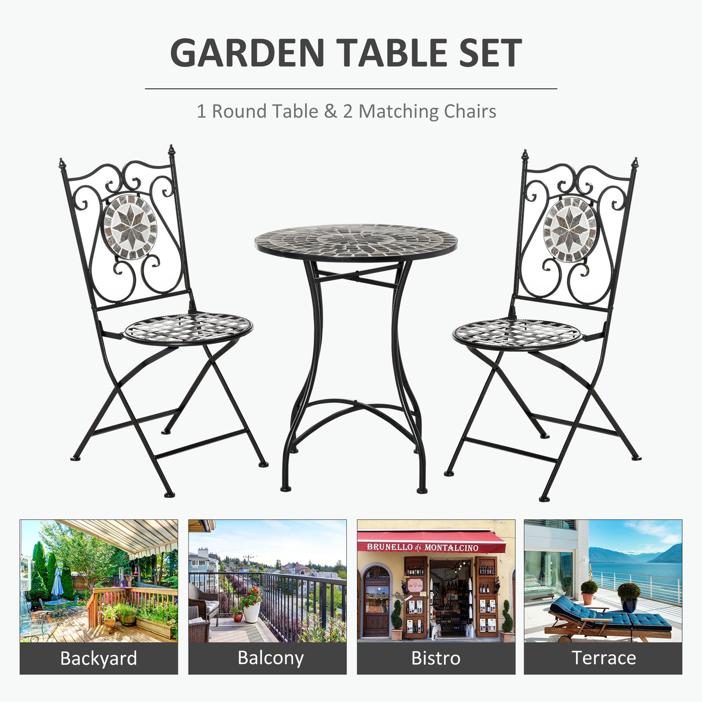 3 Pcs Mosaic Tile Garden Bistro Set Outdoor Seating w/ Table 2 Folding Chairs Set Metal Frame Elegant Scrolling