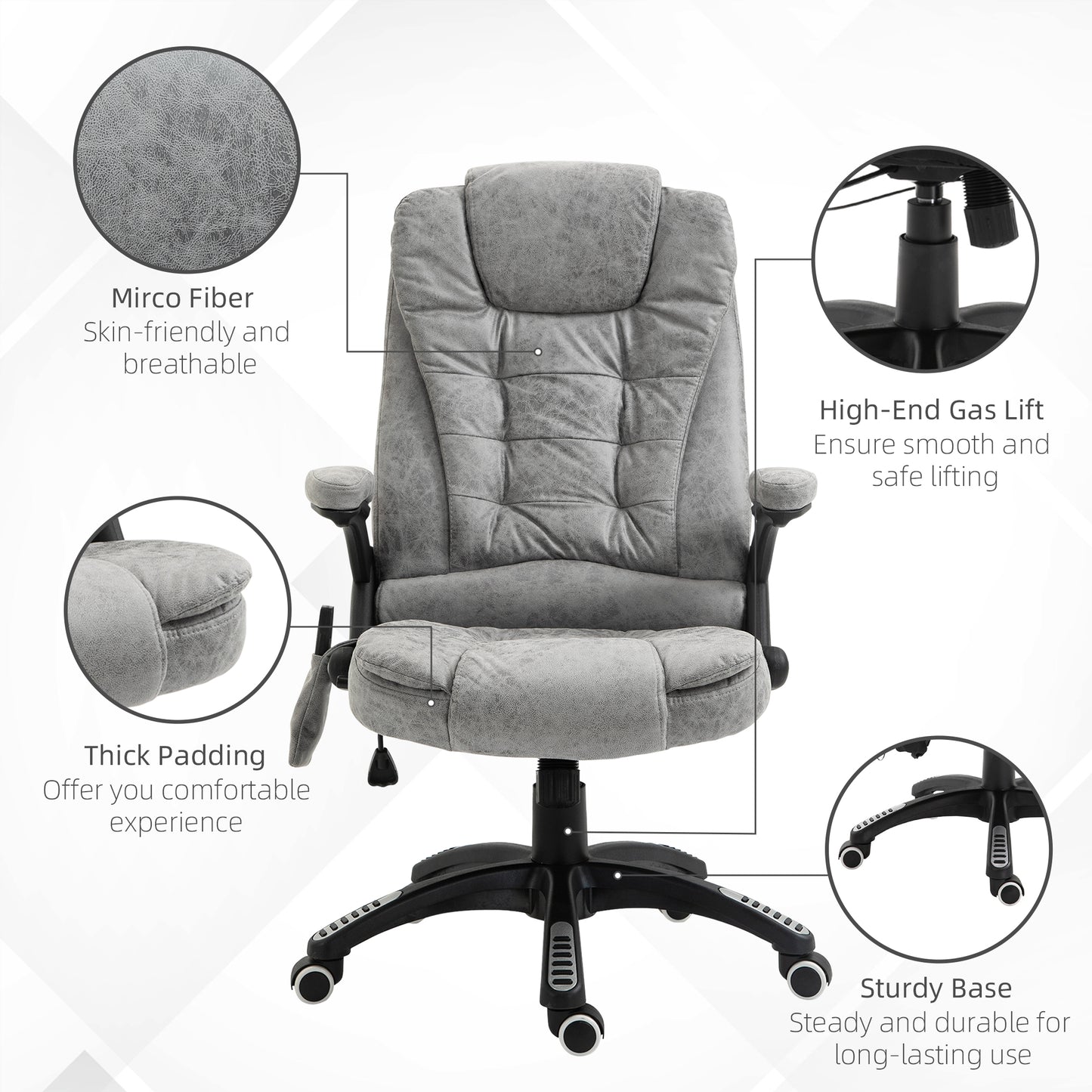 Massage Office Chair 135° Recliner Ergonomic Executive Heated Home Office Padded  Leathaire Fabric & Swivel Base Grey