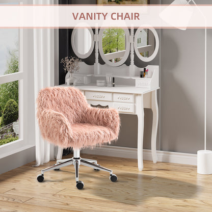 Faux Fur Desk Chair, Swivel Vanity Chair with Adjustable Height and Wheels for Office, Bedroom, Pink