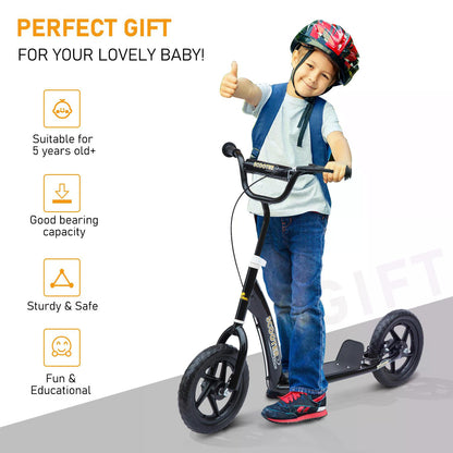 Bicycle Scooter, Kick Scooter for Kids, Big Wheel, 12" Tyres Height Adjustable, Steel Frame-Black