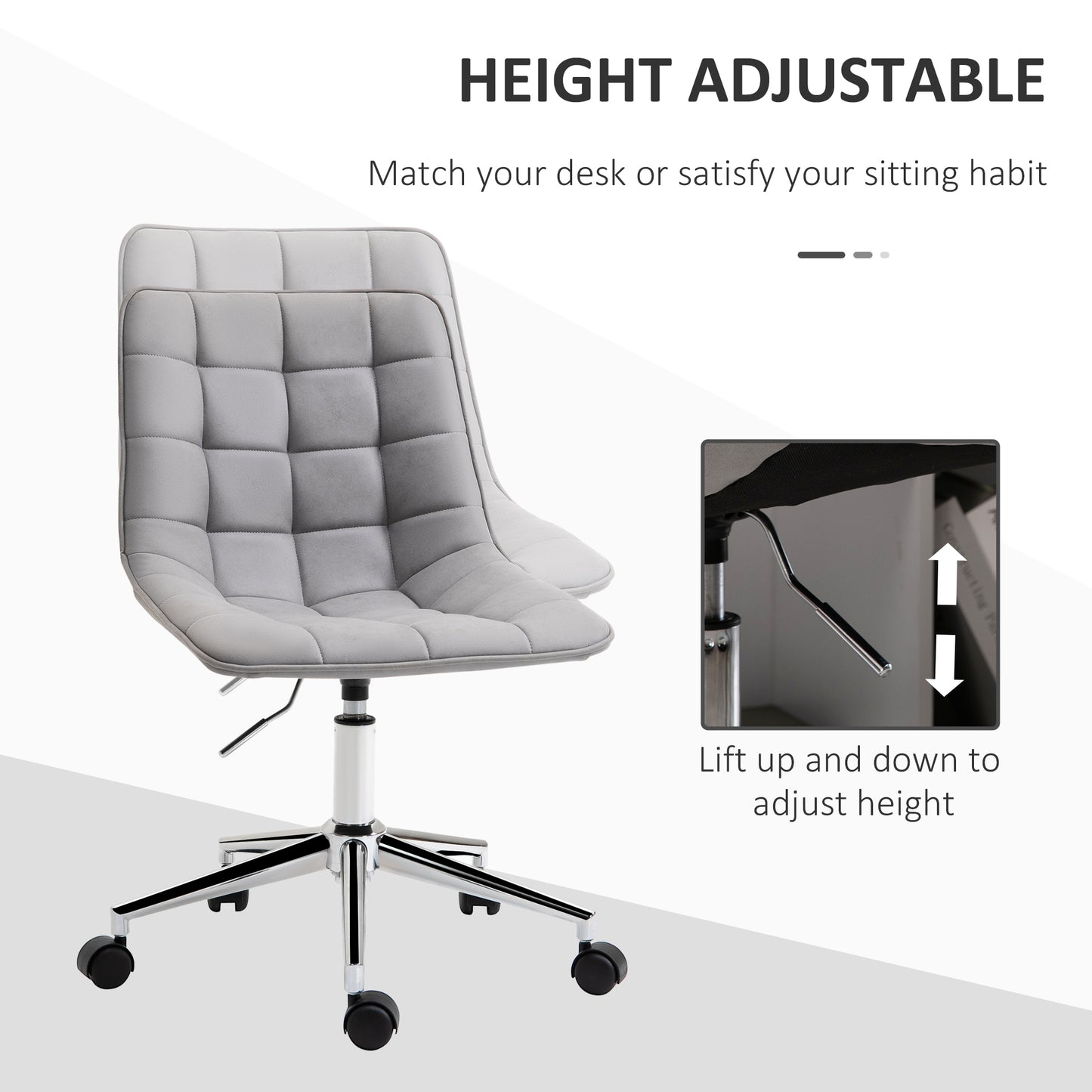 Armless Office Task Chair, with Adjustable Height Soft Breathable Fabric 360° Casters, Grey