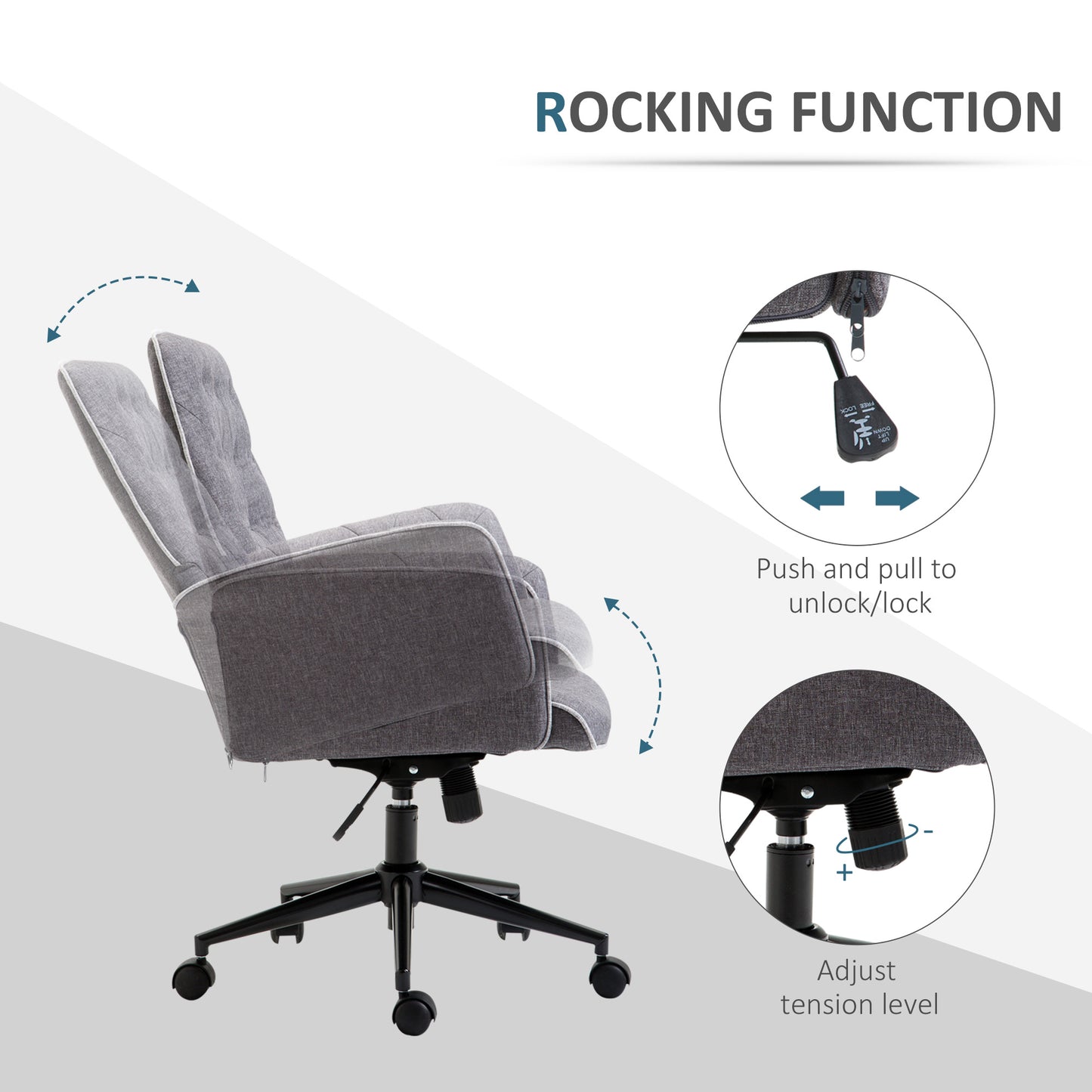 Homcom Swivel Desk Chair, Linen, Mid Back, 360° Swivel, Adjustable Height Grey