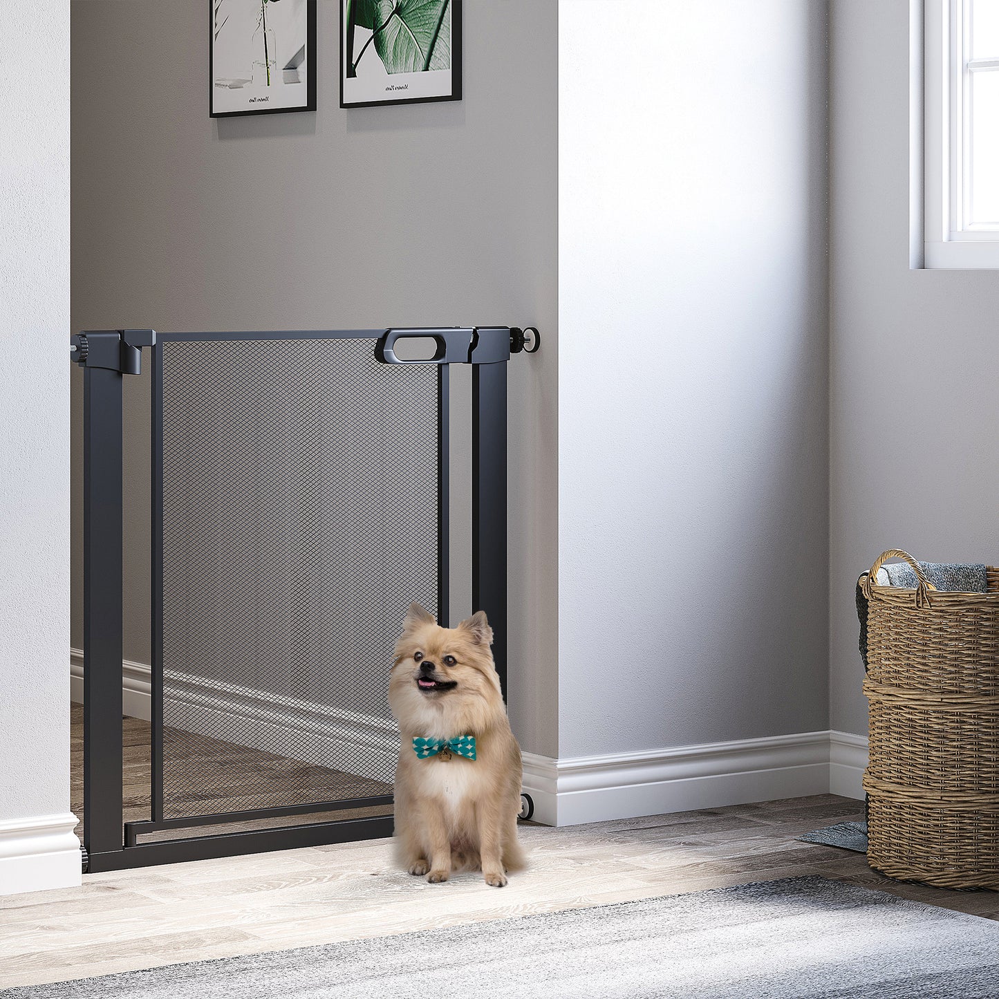 PawHut Dog Safety Gate, for Hallways, Staircases, Doors w/ Automatic Closing Door - Black 