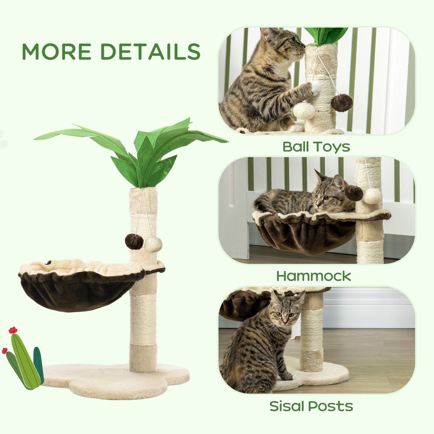 Cat Scratching Post, with Hammock, Climbing Tree for Kitten Coconut Tree Shaped Activity Center Beige