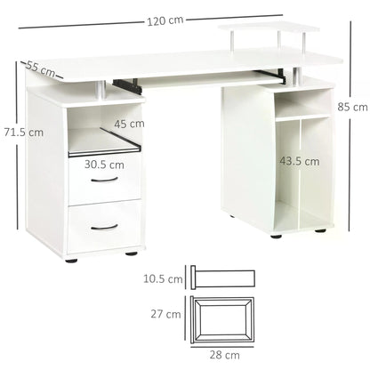 Computer Office Desk PC Table Workstation with  Keyboard Tray, CPU Shelf, Drawers, Sliding Scanner Shelf, White