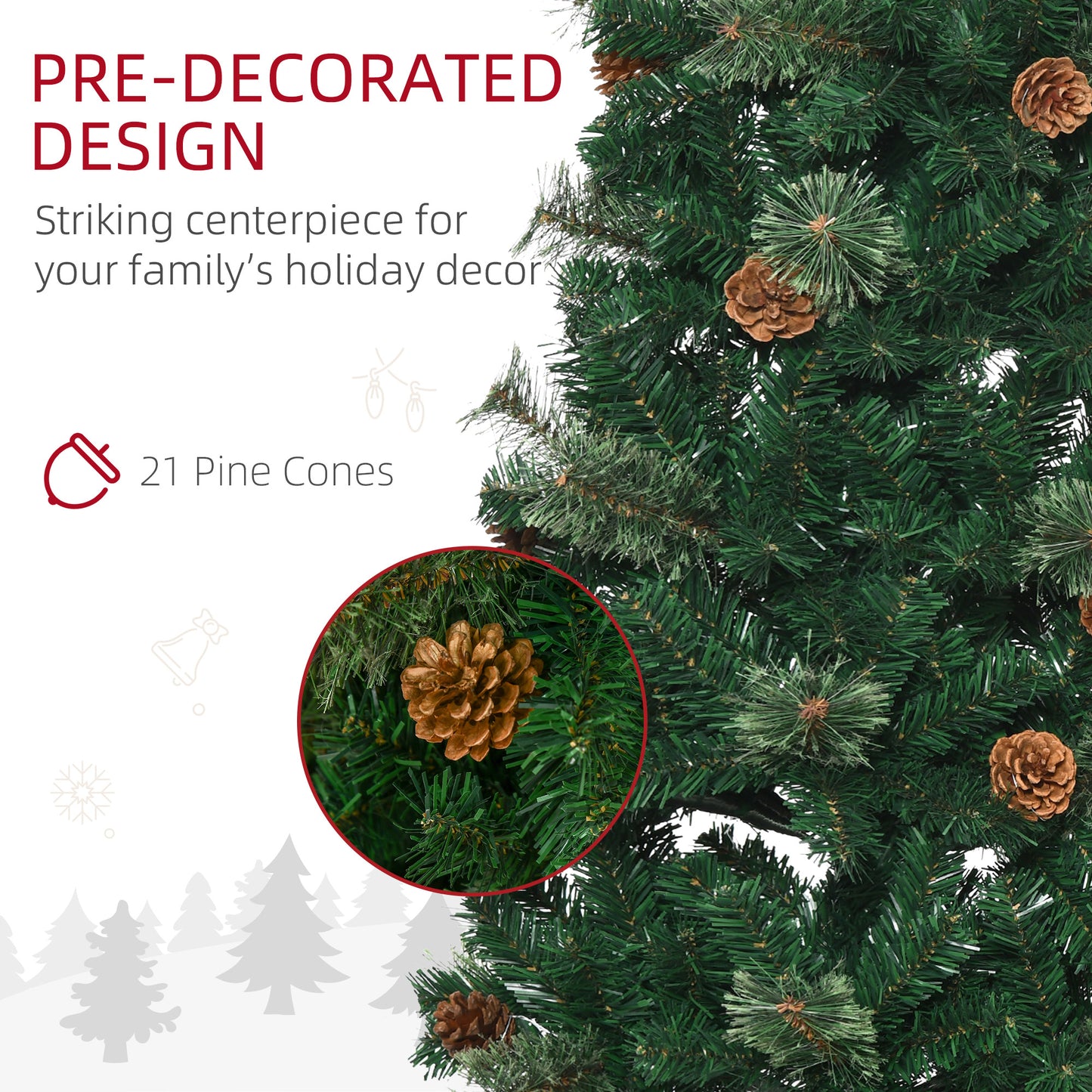 5.5ft Narrow Christmas Tree, Tall Pencil Slim with Realistic Branches, 412 Tip Count and 21 Pine Cones, Pine Needles Tree