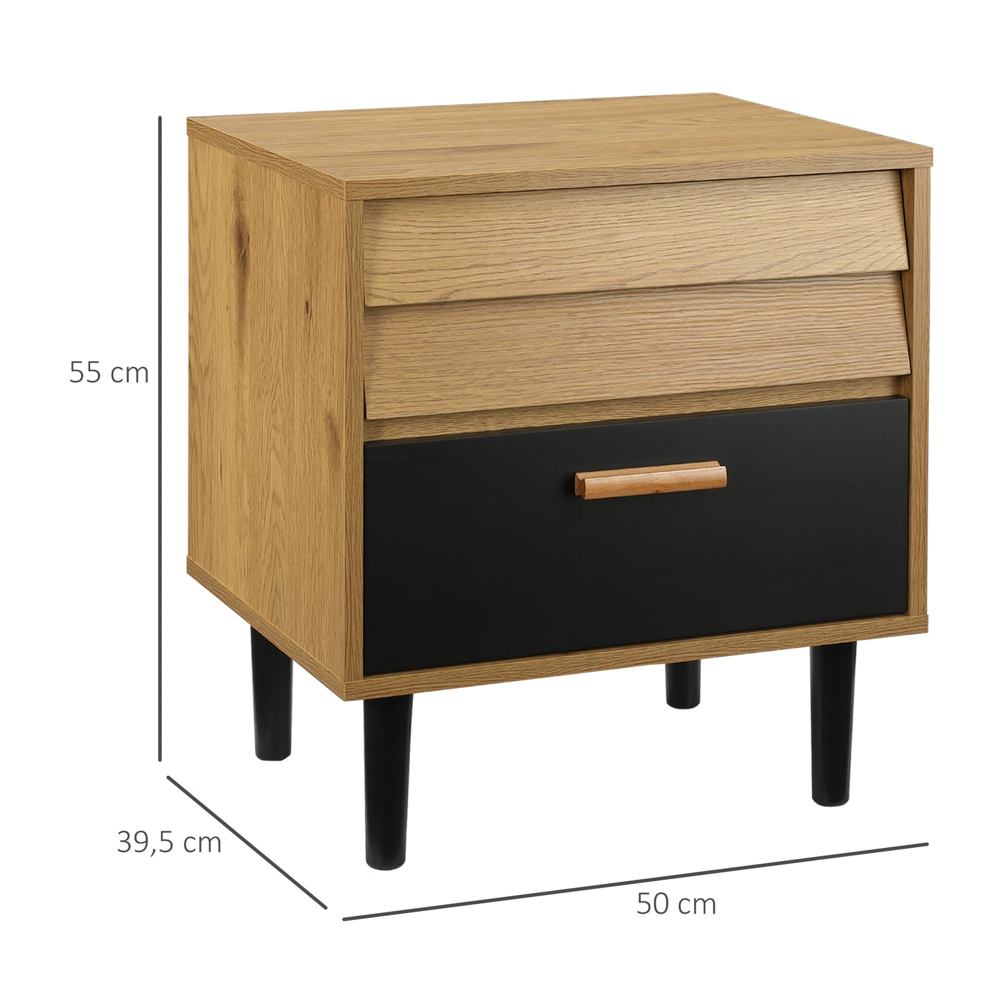 Black Wood Bedside Table, with 2 Drawers Nordic Style for Bedroom Living Room