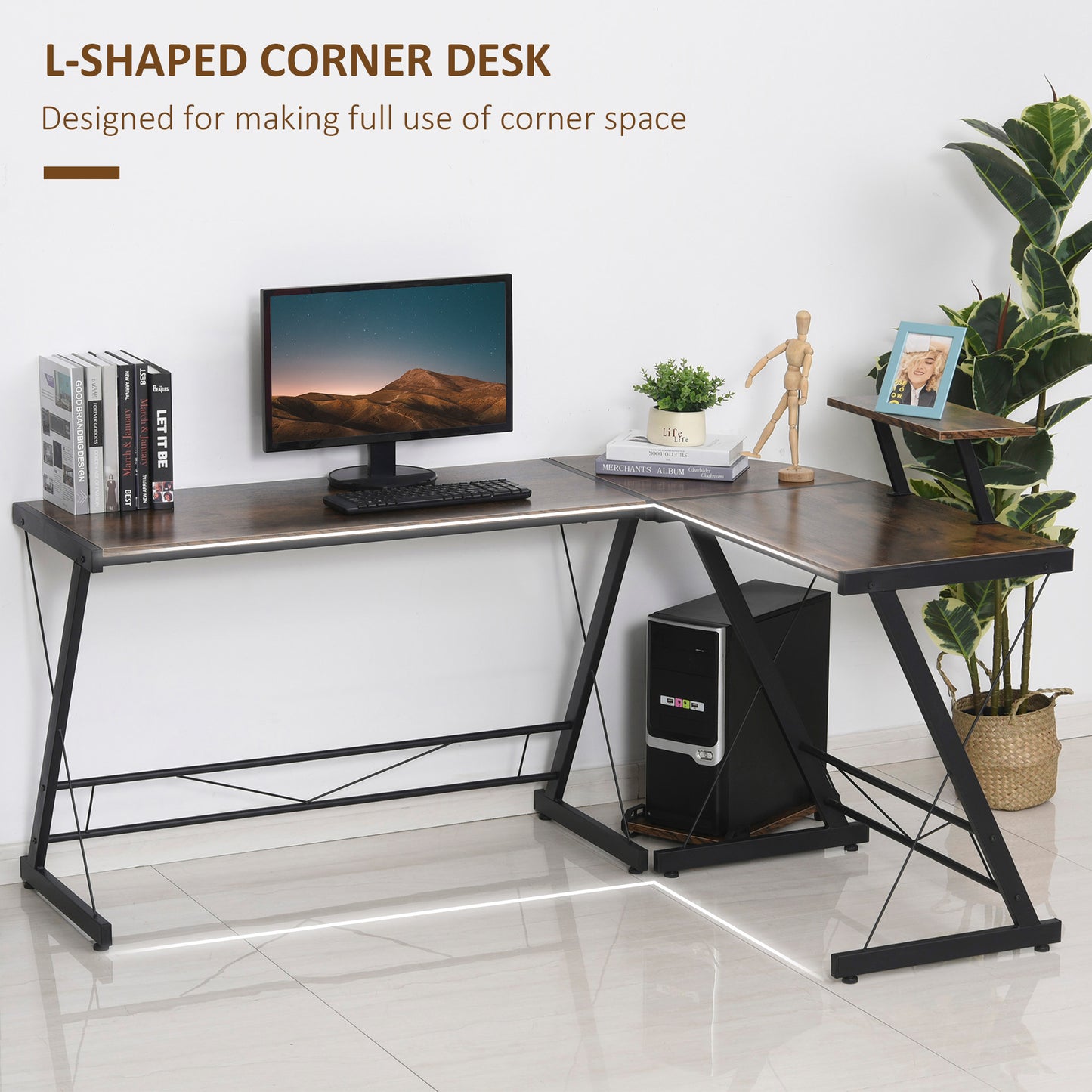 L Shaped Desk Round Corner Computer Gaming Table Workstation with Storage Shelf , CPU Stand for Home Office